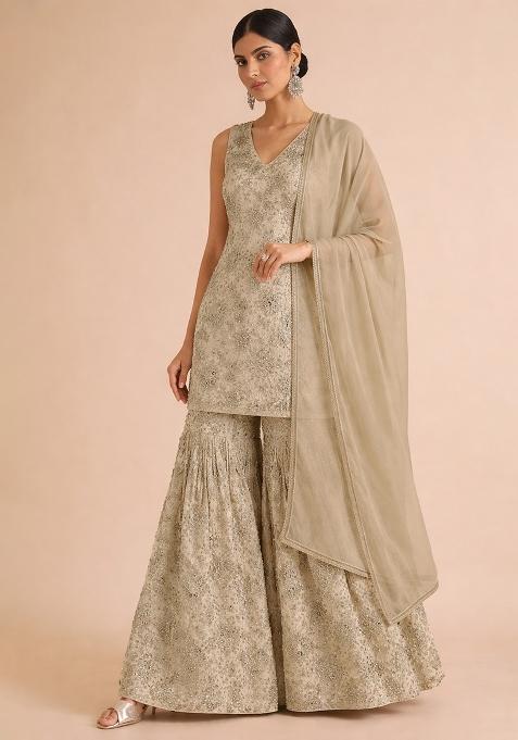 Soft Gold Tissue Embroidered Sharara Set