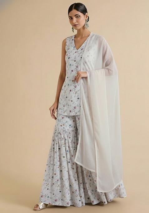 Off White Tissue Embroidered Sharara Set