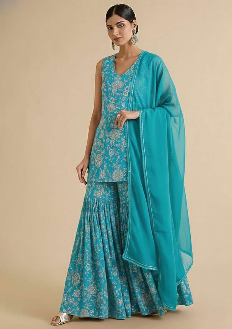 Aqua Blue Tissue Embroidered Sharara Set - Indya