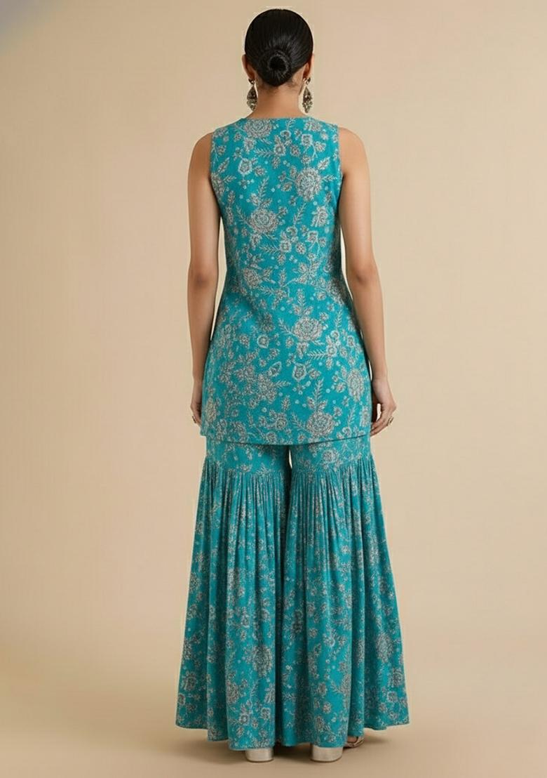 Aqua Blue Tissue Embroidered Sharara Set - Indya