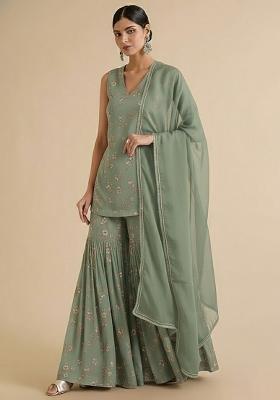 Olive Green Net Embroidered Sharara Set