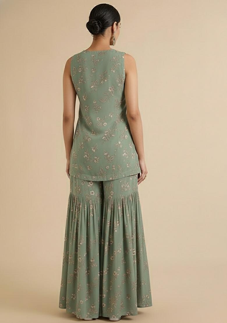 Olive Green Net Embroidered Sharara Set - Indya