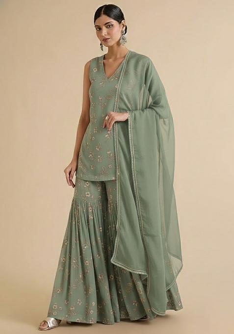 Olive Green Net Embroidered Sharara Set