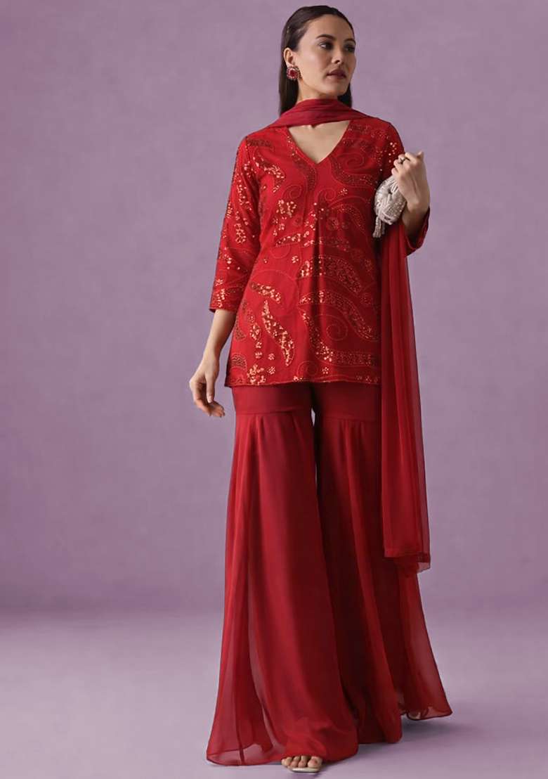 Red Georgette Sequin Sharara Set - Indya
