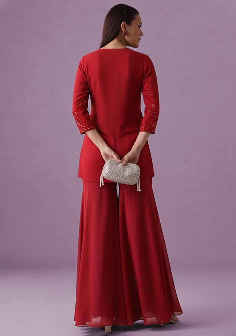 Red Georgette Sequin Sharara Set - Indya