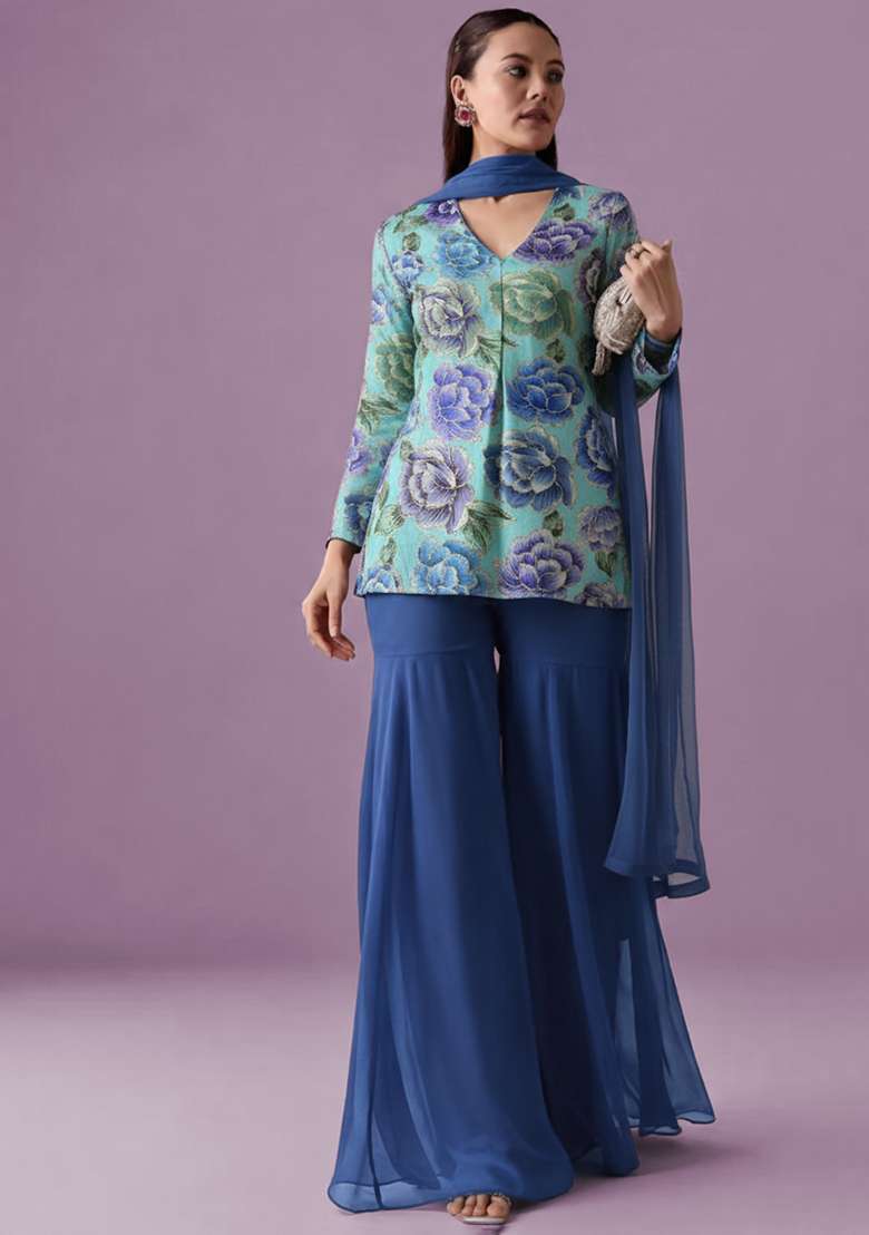 Aqua Green Chinon Printed Sharara Set - Indya
