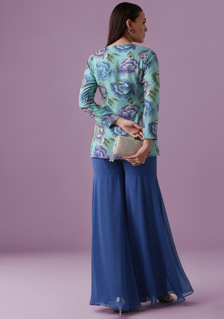 Aqua Green Chinon Printed Sharara Set - Indya