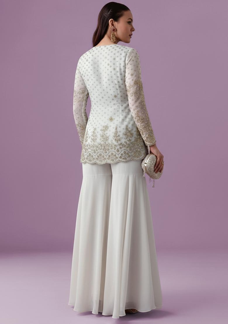 Off White Chinon Embroidered Sharara Set - Indya