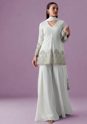 Off White Chinon Embroidered Sharara Set