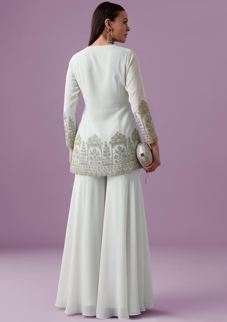 Off White Chinon Embroidered Sharara Set - Indya