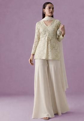 Off White Net Self Design Sharara Set