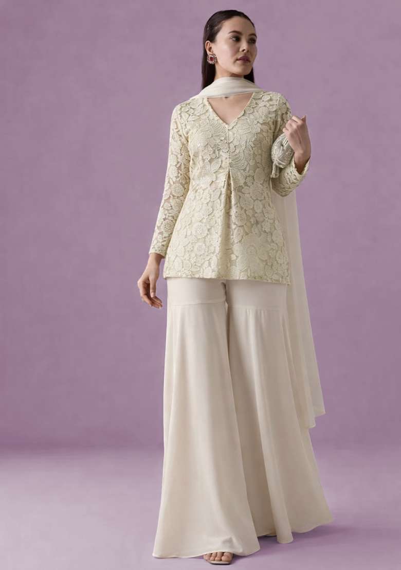 Off White Net Self Design Sharara Set - Indya