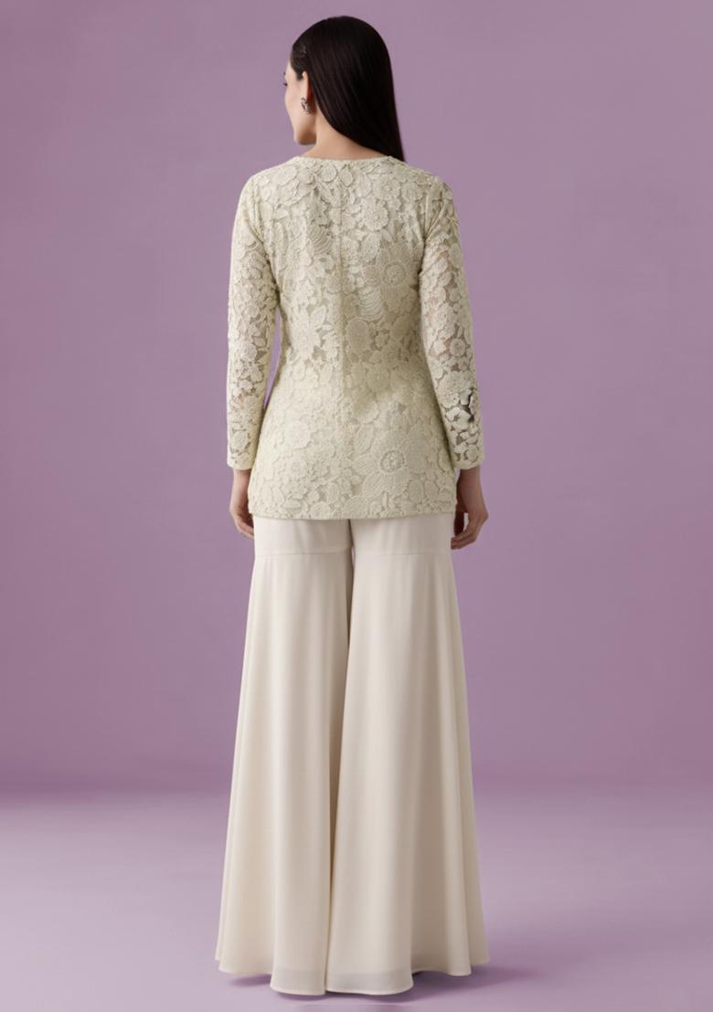 Off White Net Self Design Sharara Set - Indya