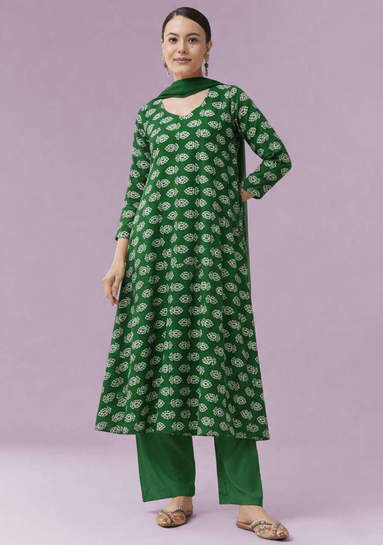 Green Poly Blend Printed Anarkali Set - Indya