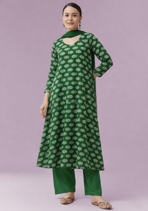 Green Poly Blend Printed  Anarkali Set