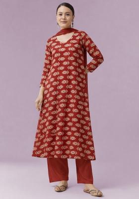 Red Poly Blend Printed  Anarkali Set