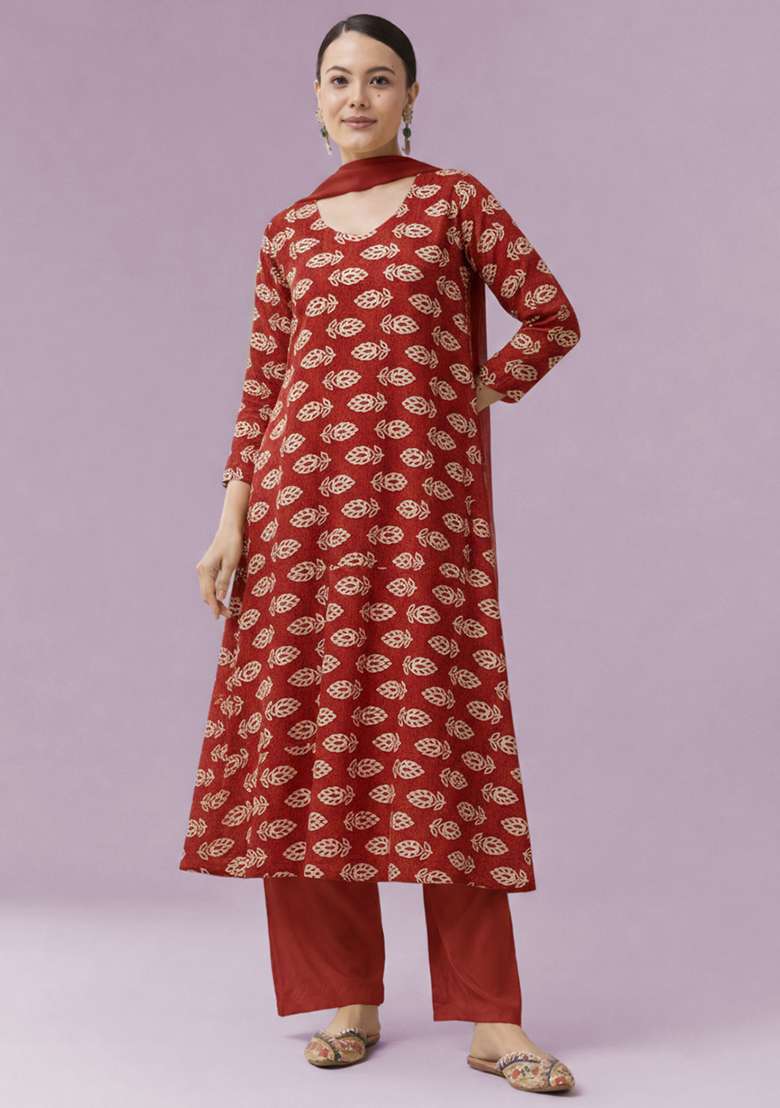 Red Poly Blend Printed Anarkali Set - Indya