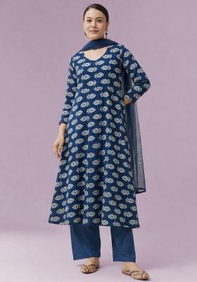 Indigo Blue Poly Blend Printed  Anarkali Set