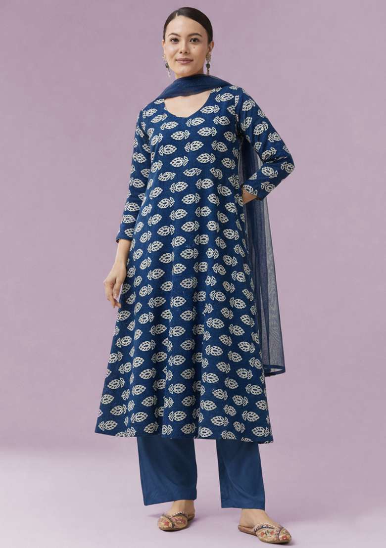 Indigo Blue Poly Blend Printed Anarkali Set - Indya