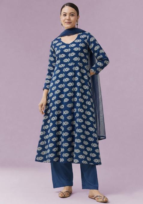 Indigo Blue Poly Blend Printed  Anarkali Set