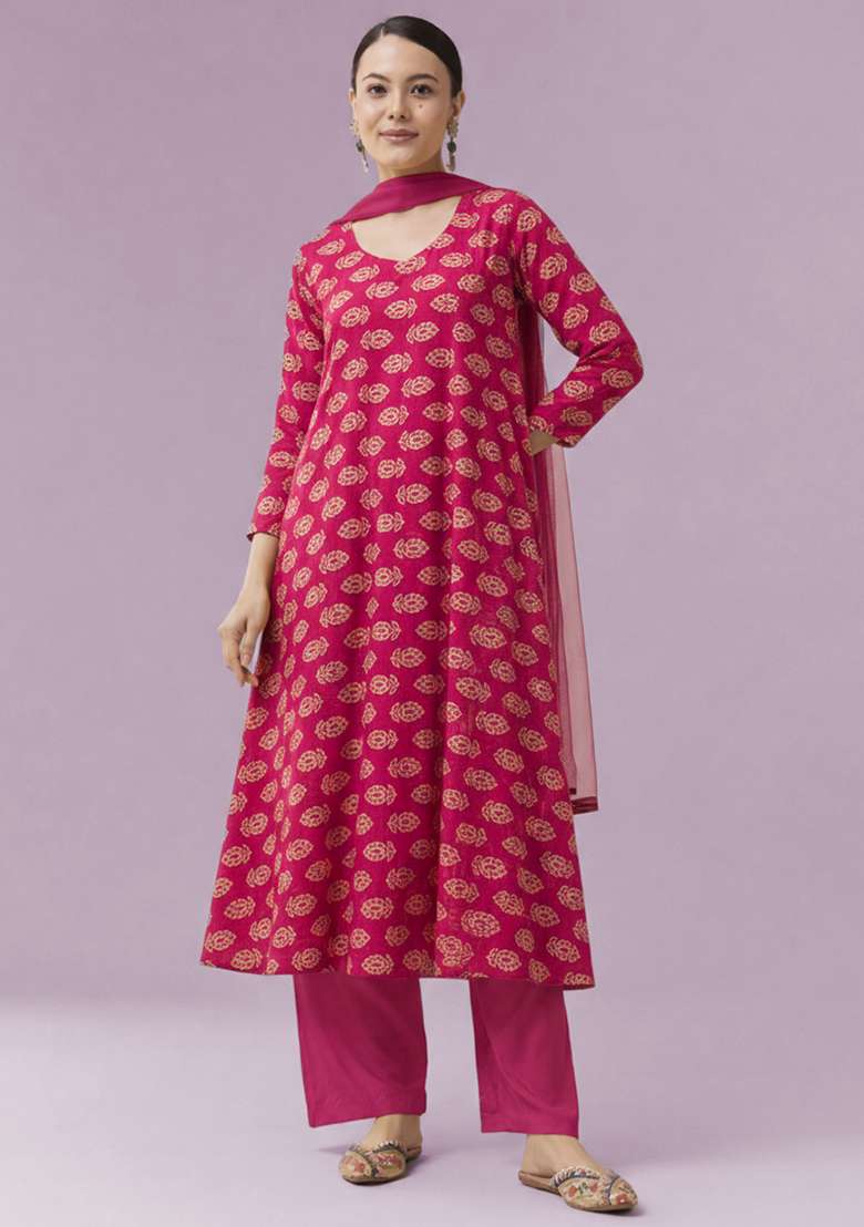 Pink Poly Blend Printed Anarkali Set - Indya