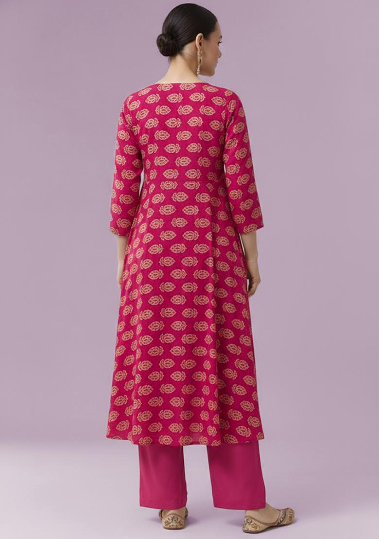 Pink Poly Blend Printed  Kurta Set - Indya