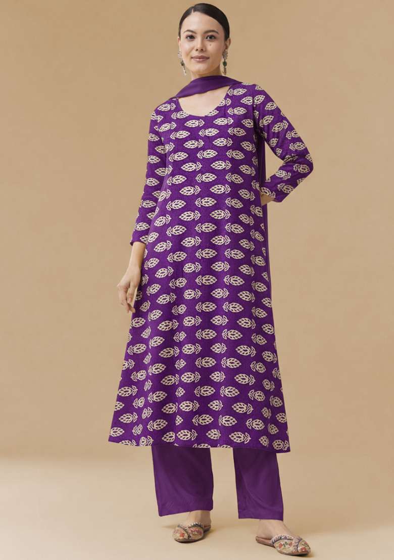 Deep Purple Poly Blend Printed Anarkali Set - Indya