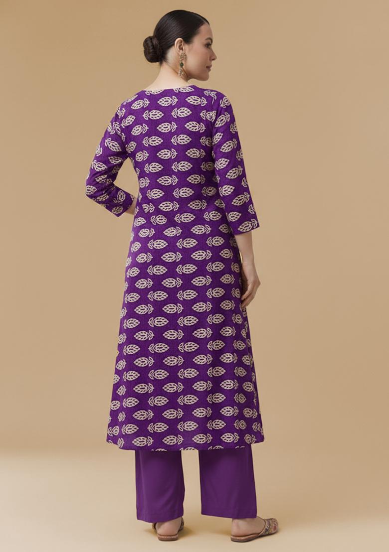 Deep Purple Poly Blend Printed  Kurta Set - Indya