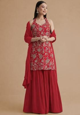 Red Tissue Embroidered Sharara Set