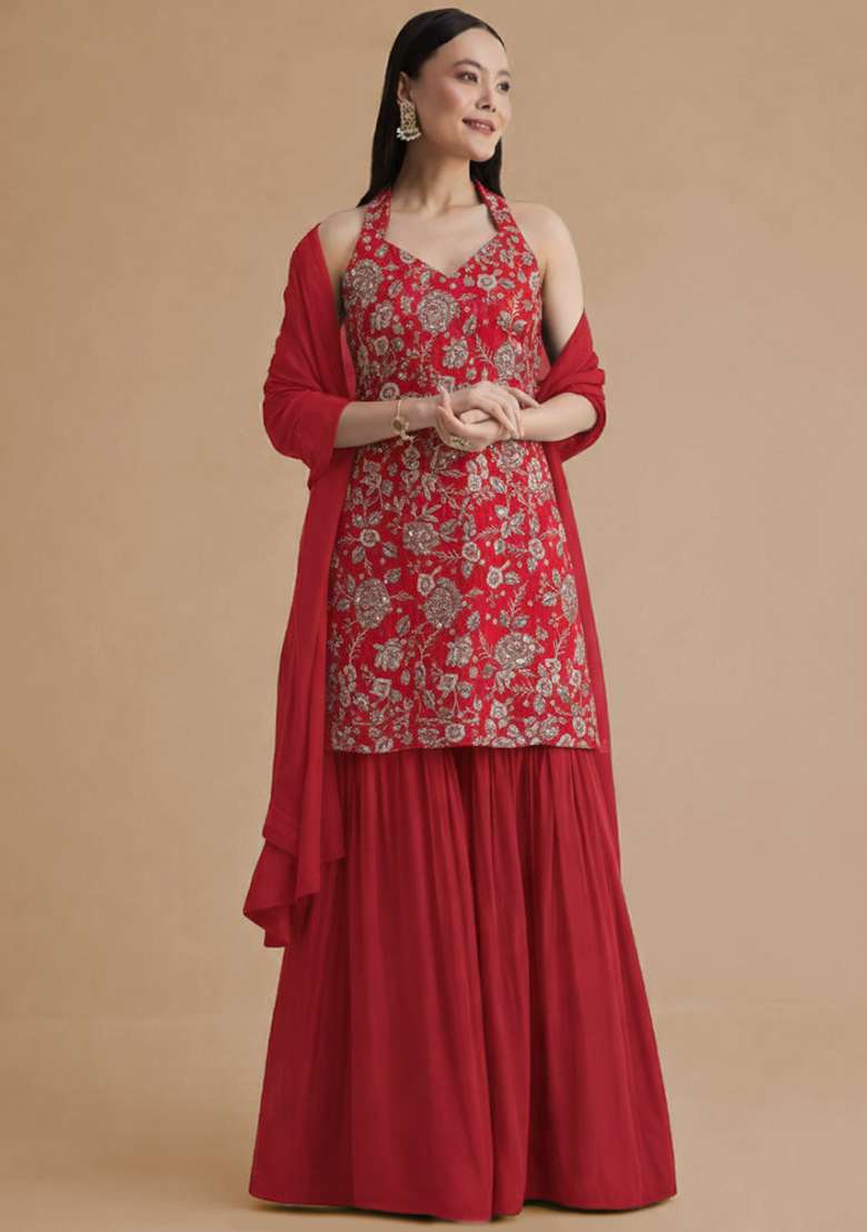 Red Tissue Embroidered Sharara Set - Indya
