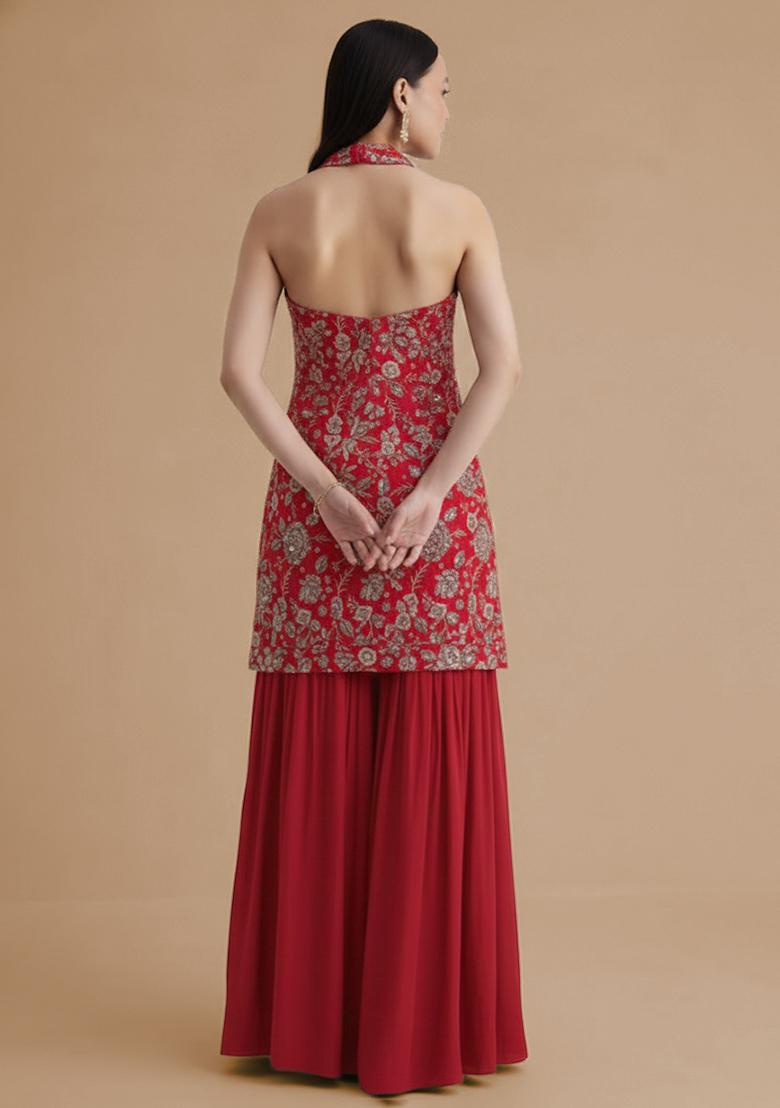 Red Tissue Embroidered Sharara Set - Indya