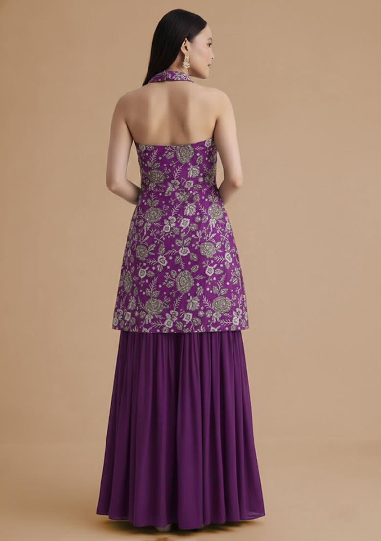 Purple Tissue Printed Sharara Set - Indya