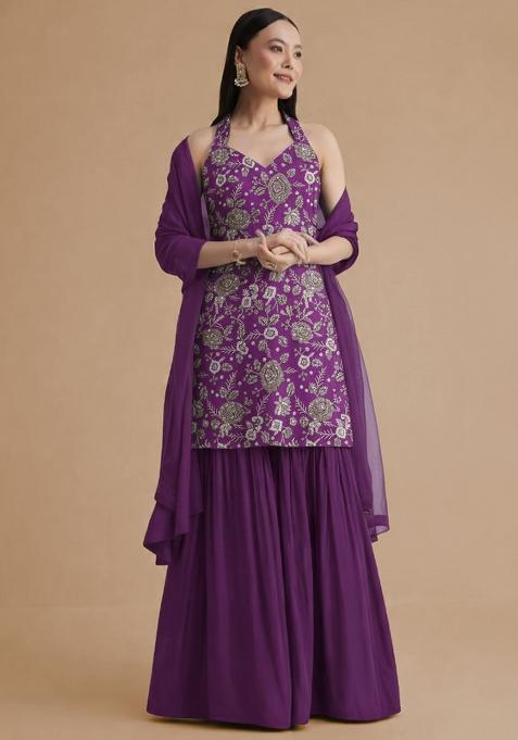 Purple Tissue Printed Sharara Set