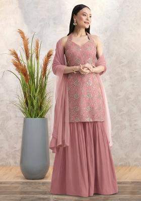 Dusty Pink Tissue Embroidered Sharara Set
