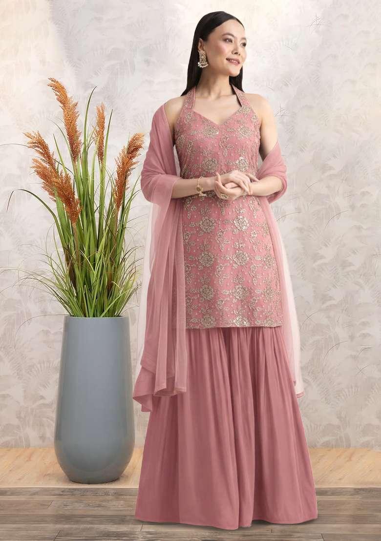 Dusty Pink Tissue Embroidered Sharara Set - Indya