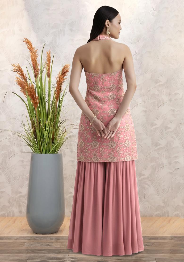 Dusty Pink Tissue Embroidered Sharara Set - Indya