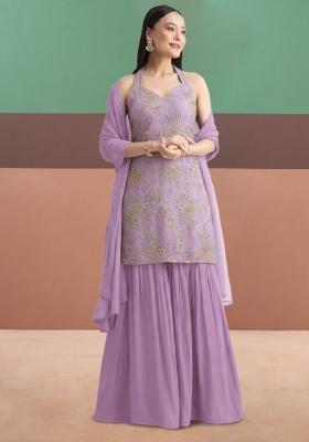 Lavender Tissue Embroidered Sharara Set