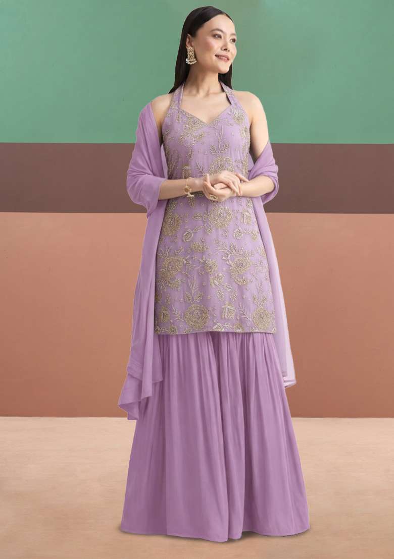 Lavender Tissue Embroidered Sharara Set - Indya
