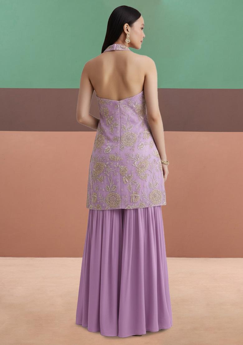 Lavender Tissue Embroidered Sharara Set - Indya