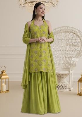 Leaf Green Tissue Embroidered Sharara Set