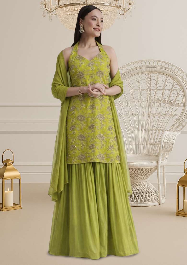 Leaf Green Tissue Embroidered Sharara Set - Indya