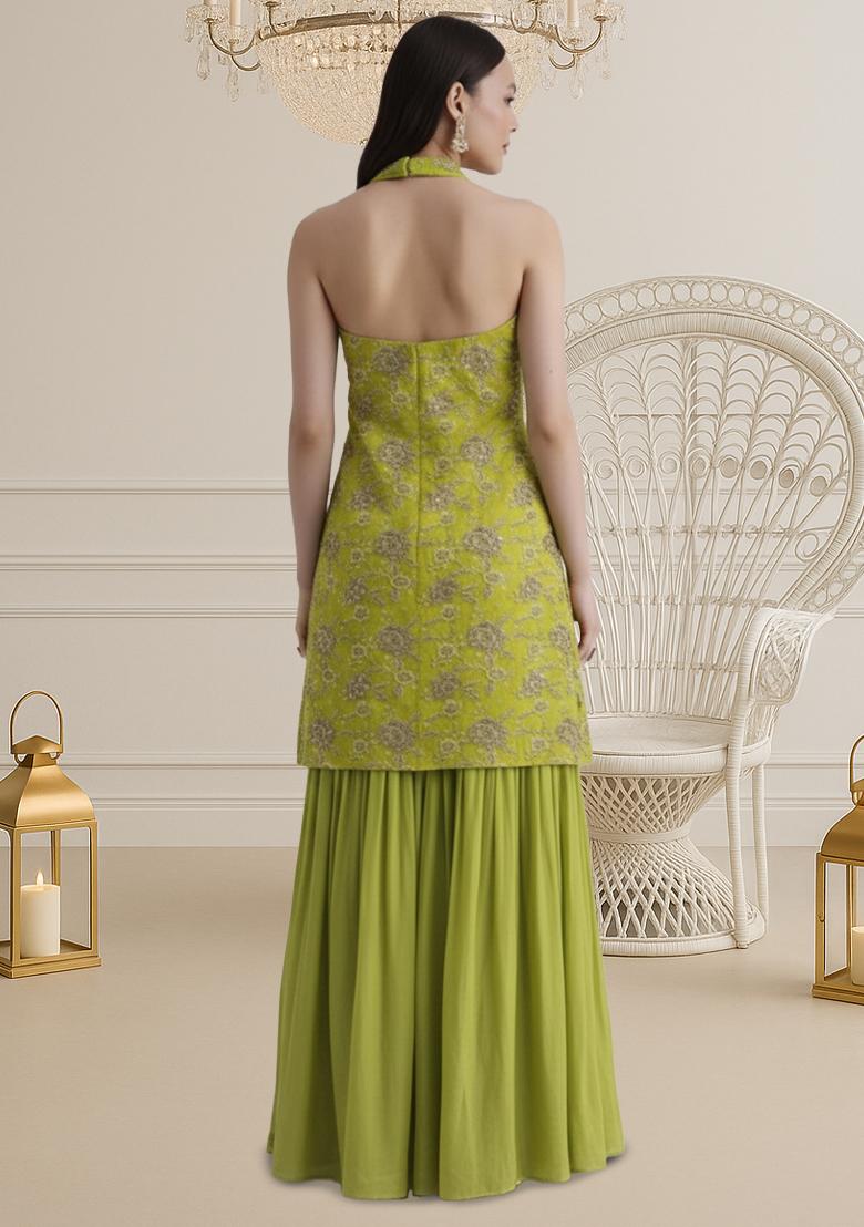 Leaf Green Tissue Embroidered Sharara Set - Indya