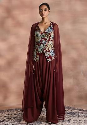 Deep Maroon Floral Print Crepe Fusion Set