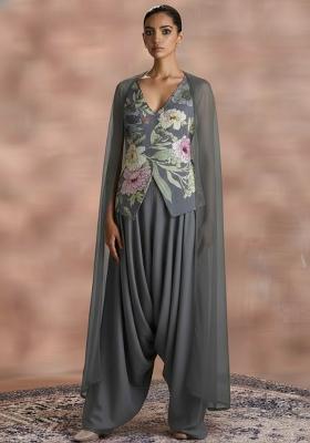 Dusty Blue Floral Print Crepe Fusion Set