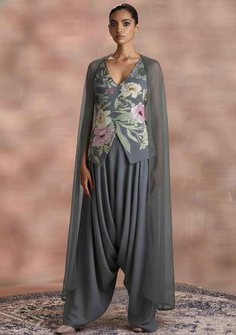 Dusty Blue Floral Print Crepe Fusion Set - Indya