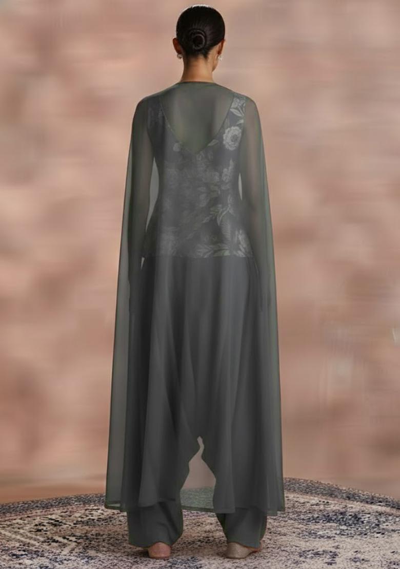 Dusty Blue Floral Print Crepe Fusion Set - Indya