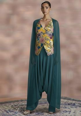 Slate Blue Floral Print Crepe Fusion Set