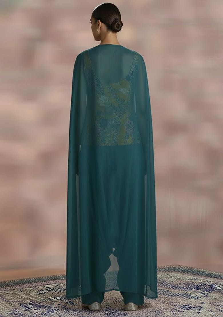 Slate Blue Floral Print Crepe Fusion Set - Indya