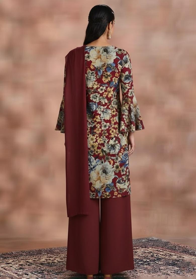 Deep Maroon Floral Print Crepe Kurta Set - Indya