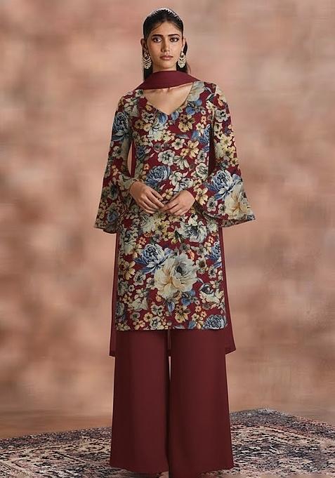 Deep Maroon Floral Print Crepe Straight Kurta Set